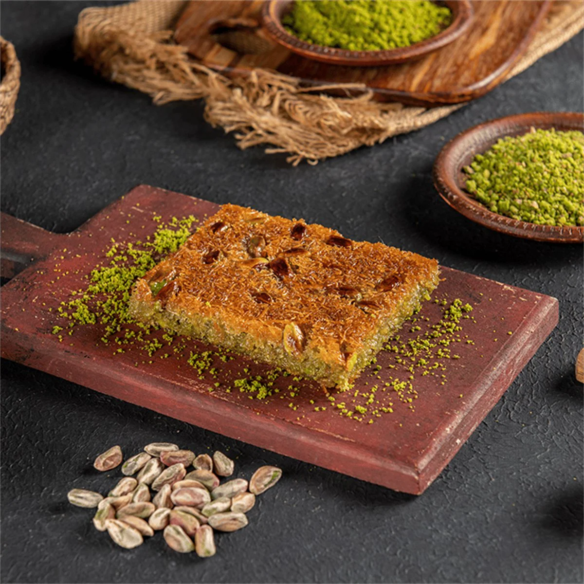 koskeroglu-special-flat-kadayif-with-gift-metal-box-807446 Special Flat Kadayıf Tray (Topped with Whole Pistachios) - Image 1